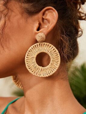 Boho Rattan Statement Earrings Large Woven Hoop Drop Beach Vacation Jewelry